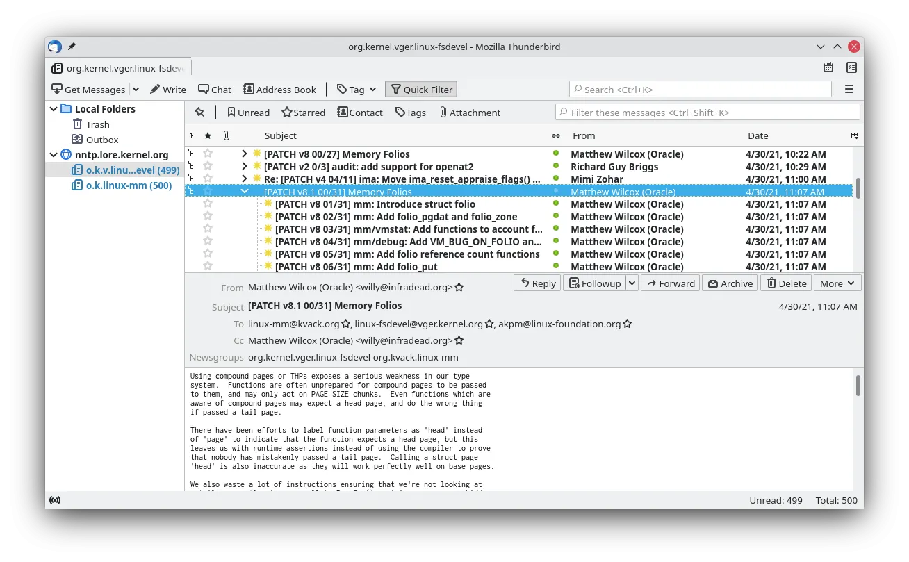 Thunderbird: Vollständige Ansicht der abonnierten Kernel-Mailingliste über Newsgroups
