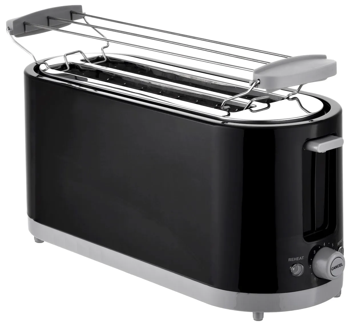 Tim Home Langschlitz Toaster in Schwarz mit 4 Scheiben und Brötchenaufsatz