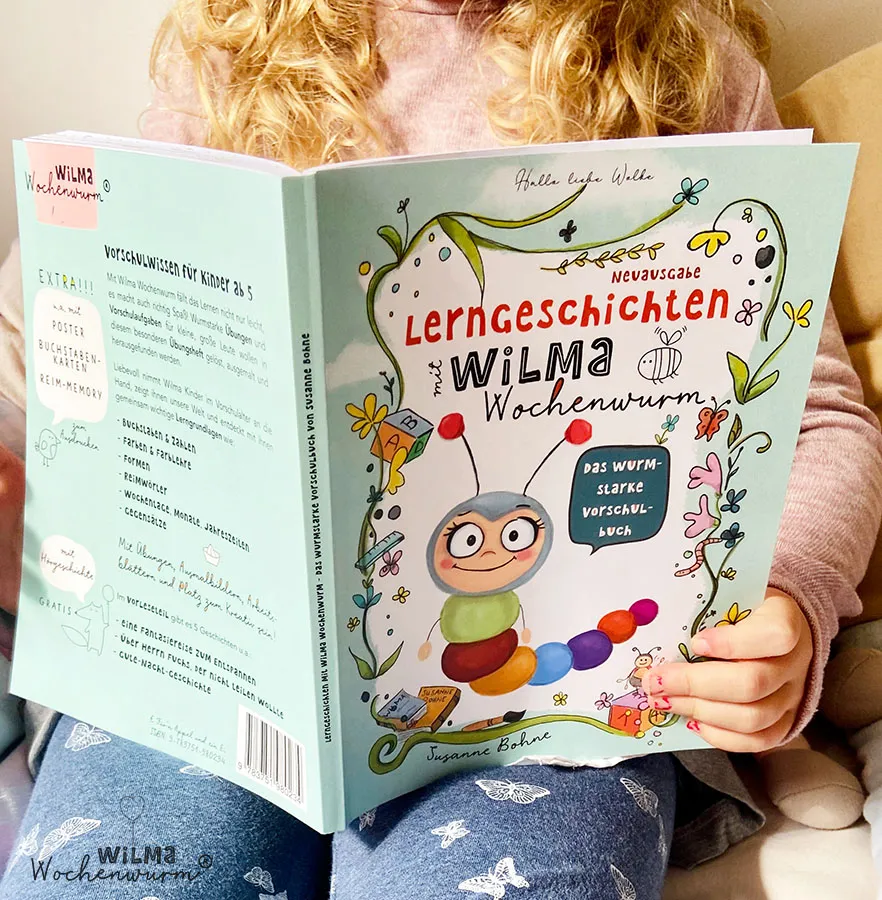 Titelbild &quot;Lerngeschichten mit Wilma Wochenwurm – Das wurmstarke Vorschulbuch&quot; für spielerisches Lernen