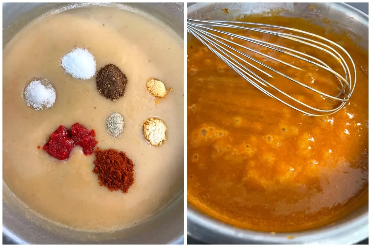 Tomatenmark und Gewürze werden zu der köchelnden Rahmsoße gegeben