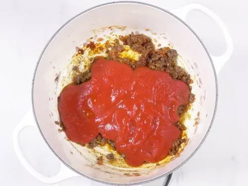 Tomatenpüree in die angebratenen Zwiebeln und Gewürze gießen