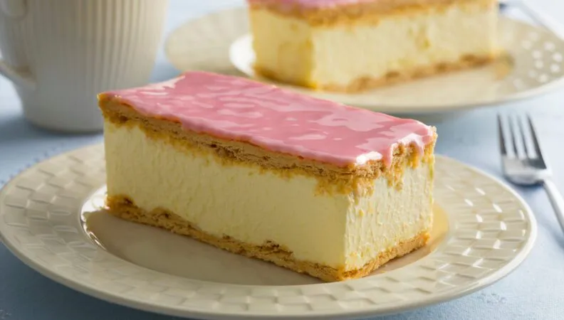 Tompouce, ein klassisches niederländisches Gebäck mit Creme und rosafarbenem Zuckerguss