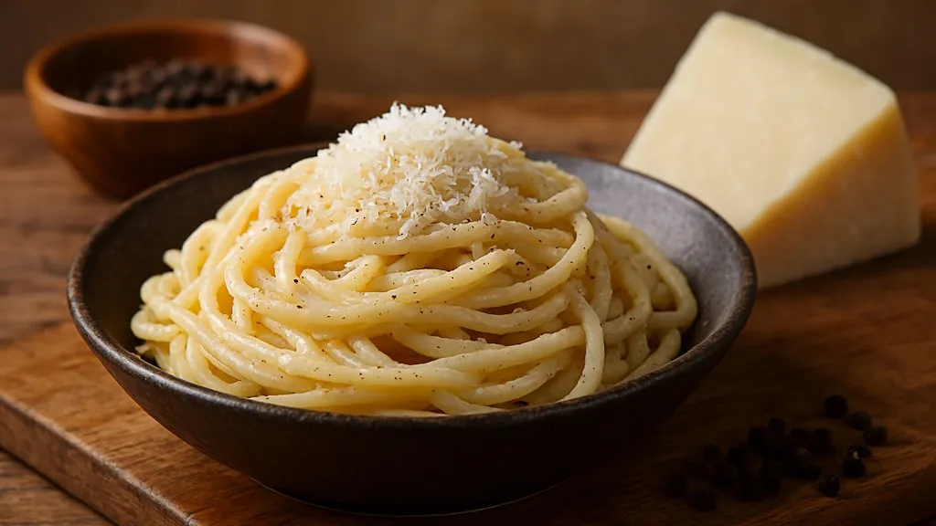 Tonnarelli al Cacio e Pepe, großzügig bestreut mit geriebenem Pecorino-Käse und frisch gemahlenem Pfeffer.