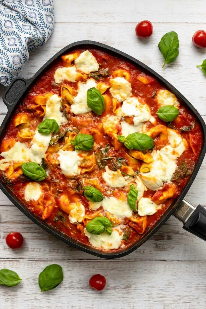 Tortellini Auflauf vegetarisch, fertig gebacken mit goldbraunem Käse und frischem Basilikum