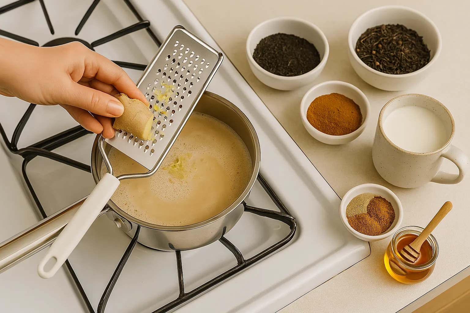 Traditioneller indischer Masala Chai wird langsam geköchelt, um die Aromen der Gewürze zu entfalten.