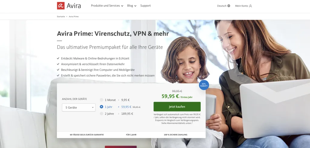 Übersicht der Avira Prime Oberfläche für umfassenden Kinderschutz und Gerätesicherheit