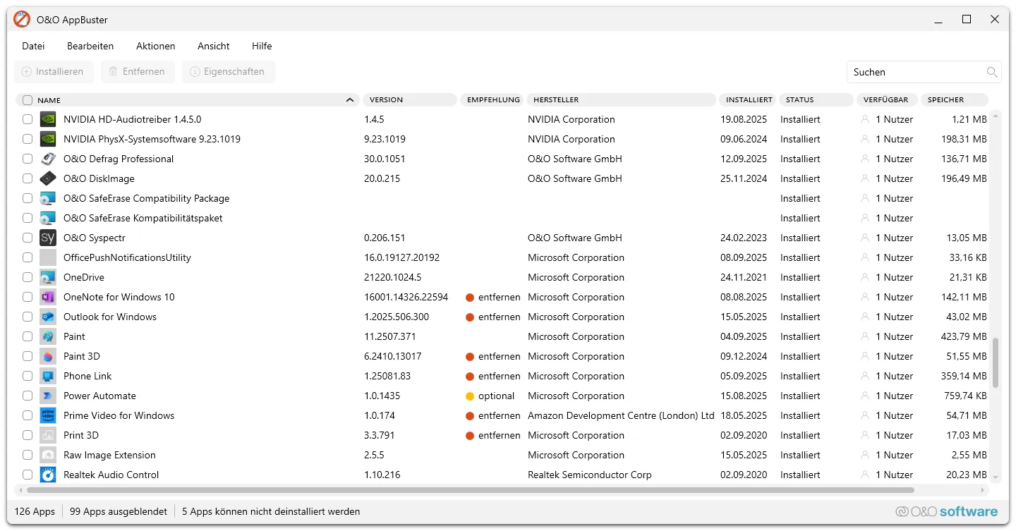 Übersicht der installierten Programme in O&amp;O Defrag zum Entfernen überflüssiger Software