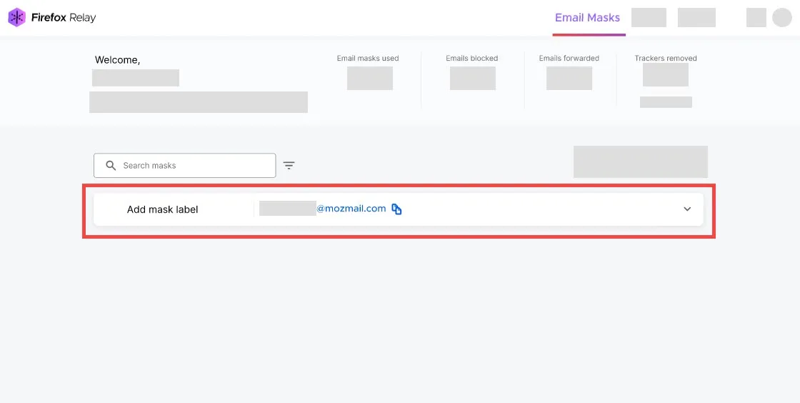 Übersicht des Firefox Relay Dashboards mit erstellten E-Mail-Masken