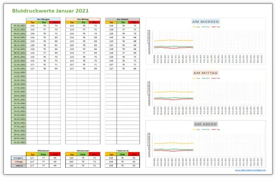 Übersichtliche Excel-Tabelle zur Erfassung von Blutdruckwerten und Puls