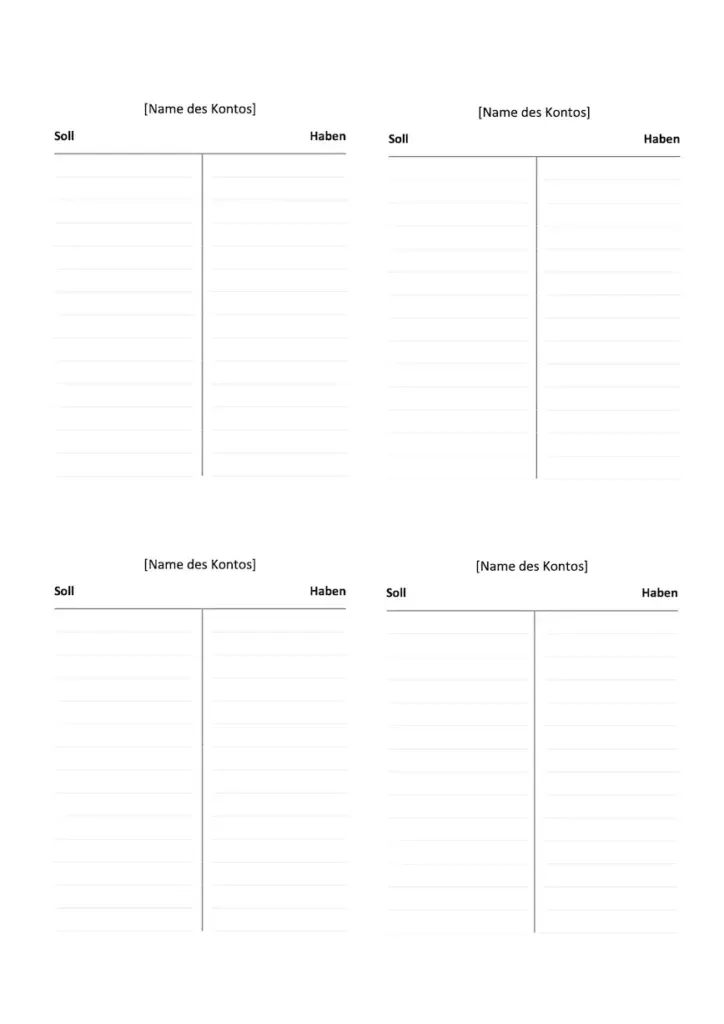 Übersichtliche T-Konten Vorlage im 4er-Format zum kostenlosen Download, ideal für die doppelte Buchführung in Excel und Word