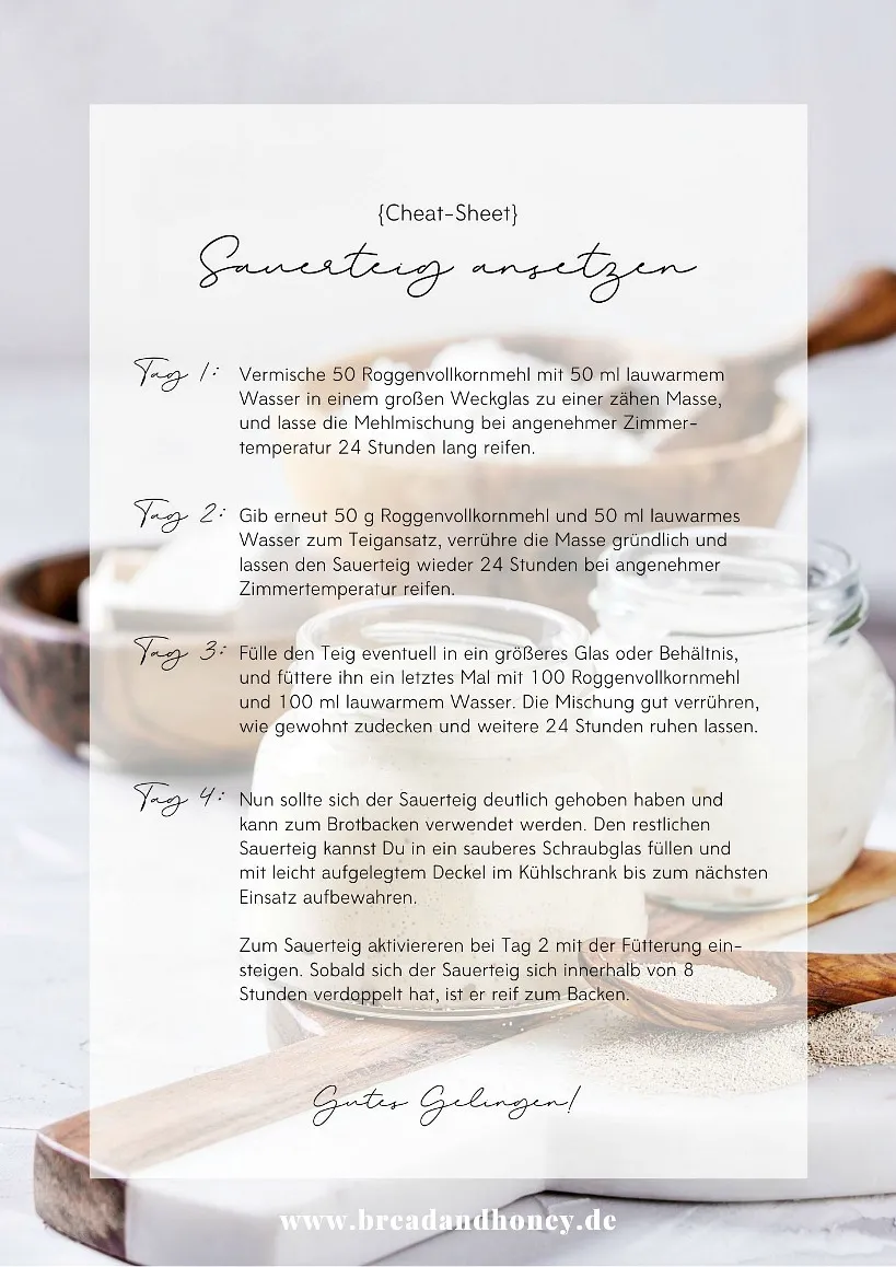 Übersichtliches Sauerteig-CheatSheet mit Anleitung zum Sauerteig ansetzen für Anfänger.