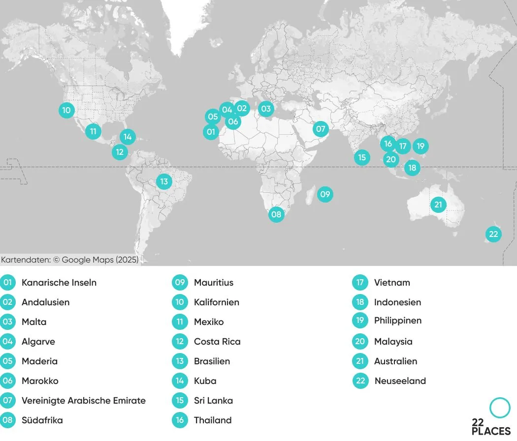 Übersichtskarte der beliebtesten warmen Reiseziele für einen Winterurlaub im Warmen