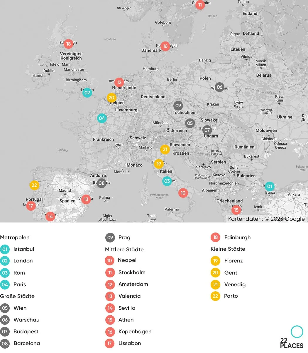 Übersichtskarte mit den 22 empfohlenen Städtezielen für Ihren Städte Trip in Europa