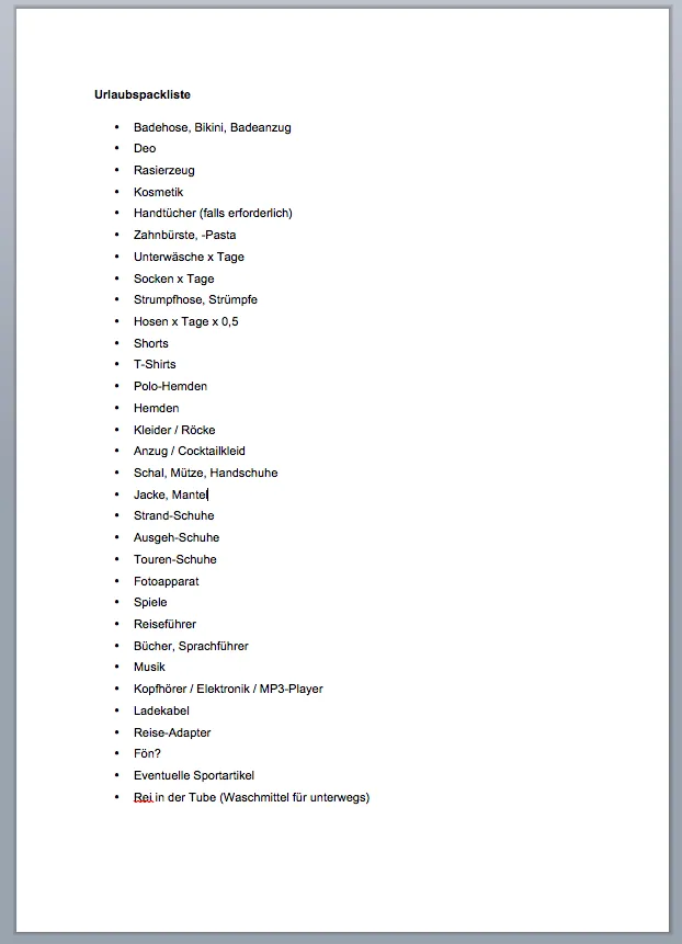Umfassende Urlaubs-Packliste zum Abhaken in der Excel Vorlage Reiseplanung