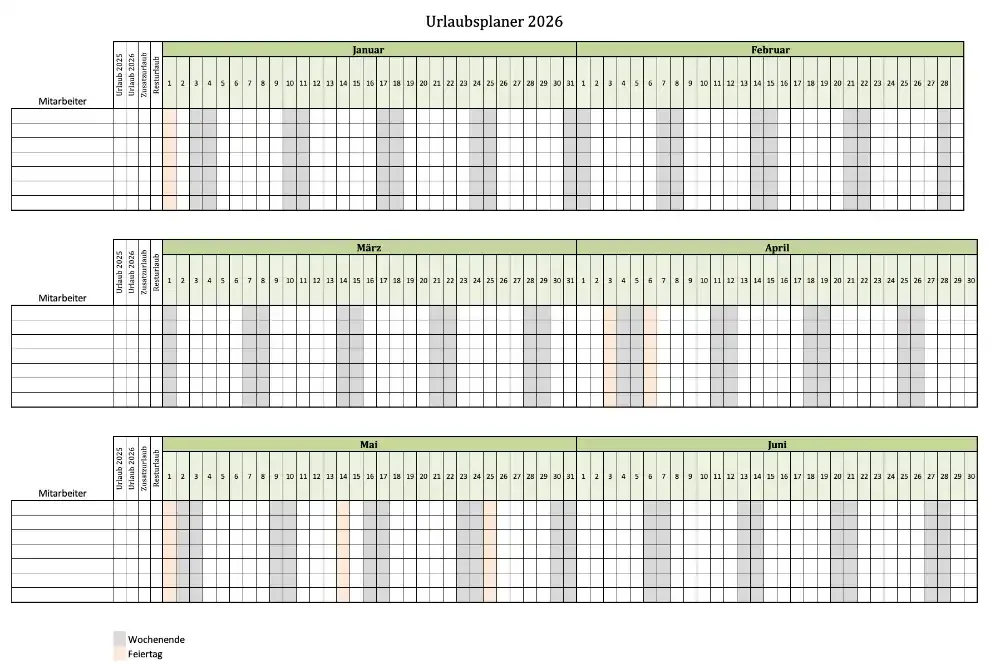 Urlaubsplaner Excel Vorlage für 2026 für 7 Mitarbeiter im Screenshot