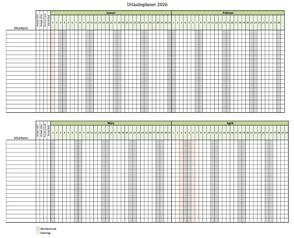 Urlaubsplaner für bis zu 20 Mitarbeiter im Screenshot der Excel-Vorlage