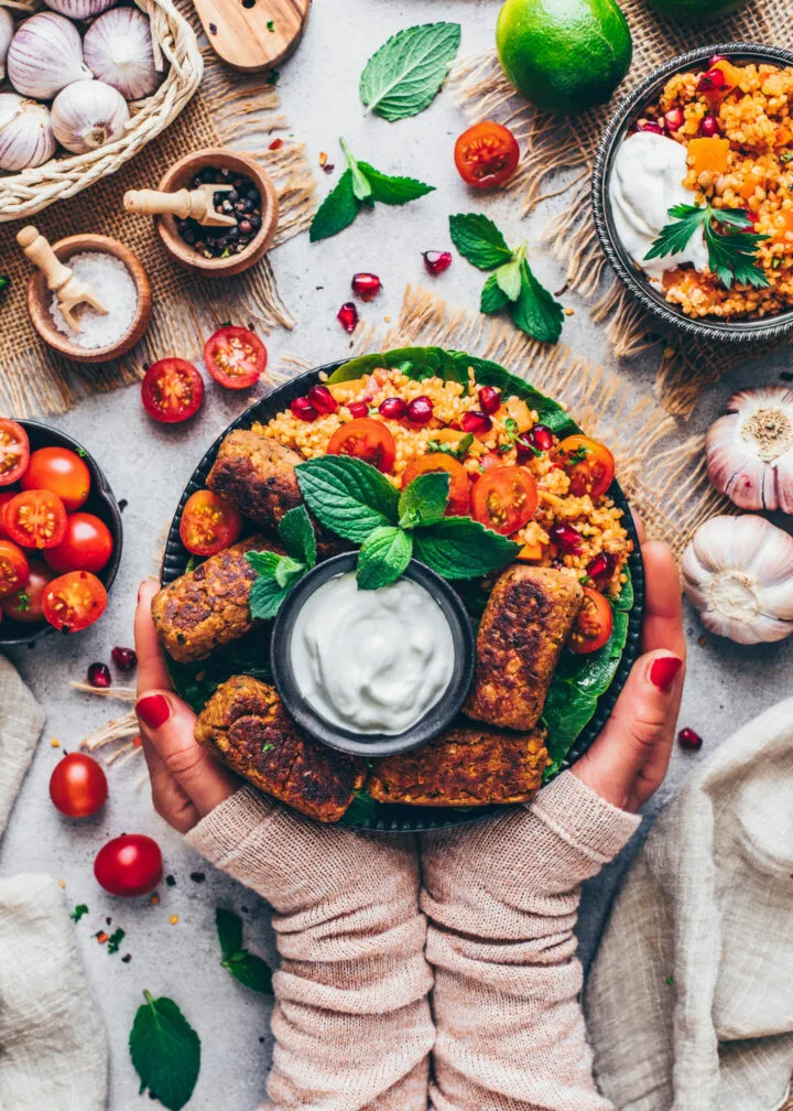 Vegan Cevapcici with Bulgur Salad and Tomatoes (Food Photography)