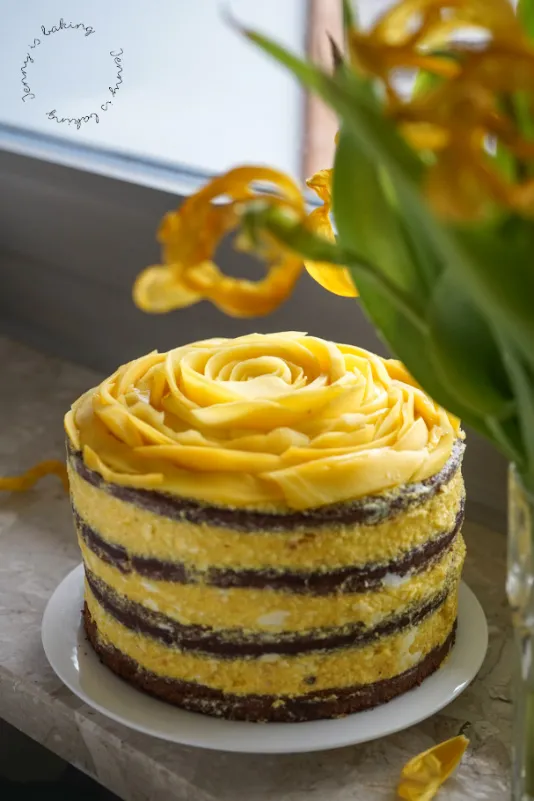 Vegane Mango-Schoko-Torte mit frischer Mango und Schokolade.