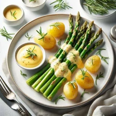 Vegane Sauce Hollandaise in einer Sauciere, bereit für Spargel