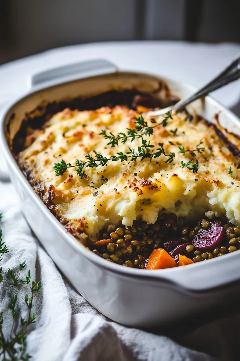 Veganer Shepherd's Pie mit Linsen und Kartoffel-Sellerie-Stampf in einer Auflaufform