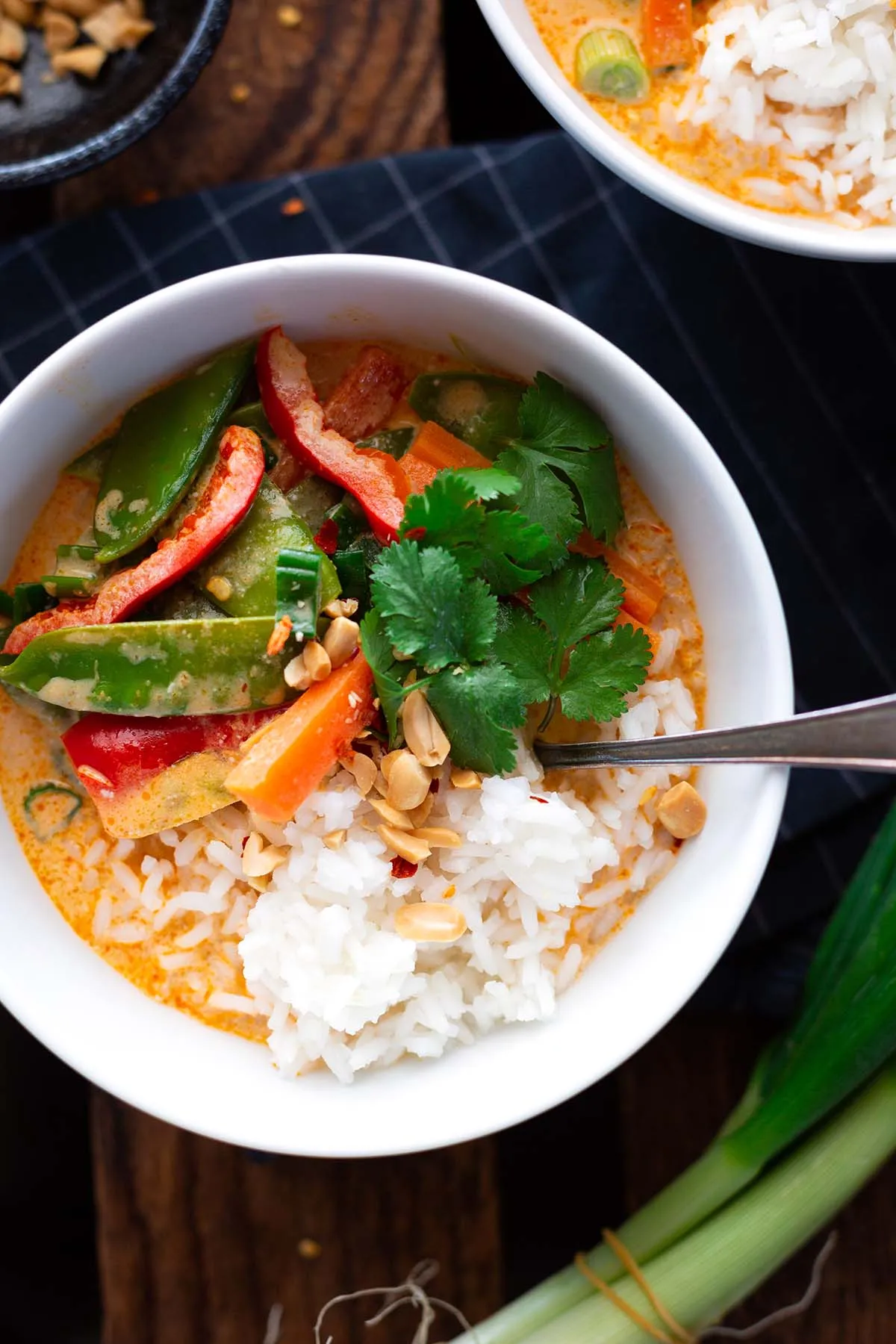 Veganes rotes Thai-Curry mit Reis, reichhaltigem Gemüse, frischem Koriander und gerösteten Erdnüssen in zwei Schalen