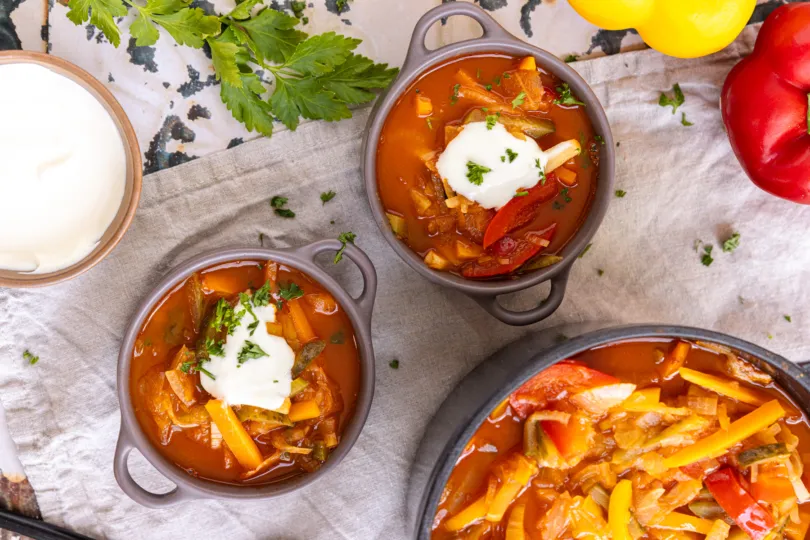 Vegetarische Soljanka in einer Suppenschale, daneben Sojaschnetzel als mögliche Einlage