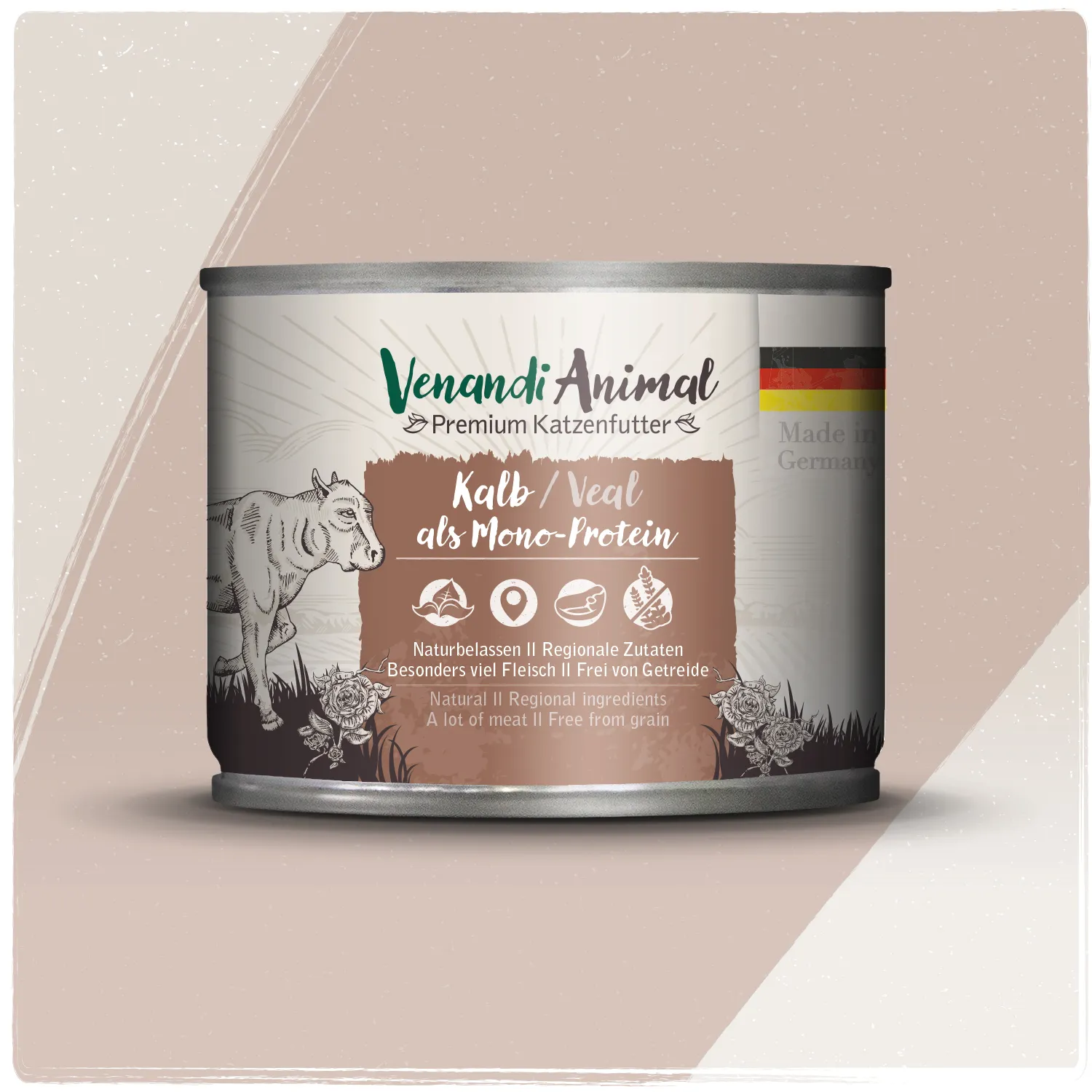  Venandi Animal Nassfutter für Katzen mit Rind als Monoprotein – braun-weiße Dose mit Rinderillustration und deutscher Flagge