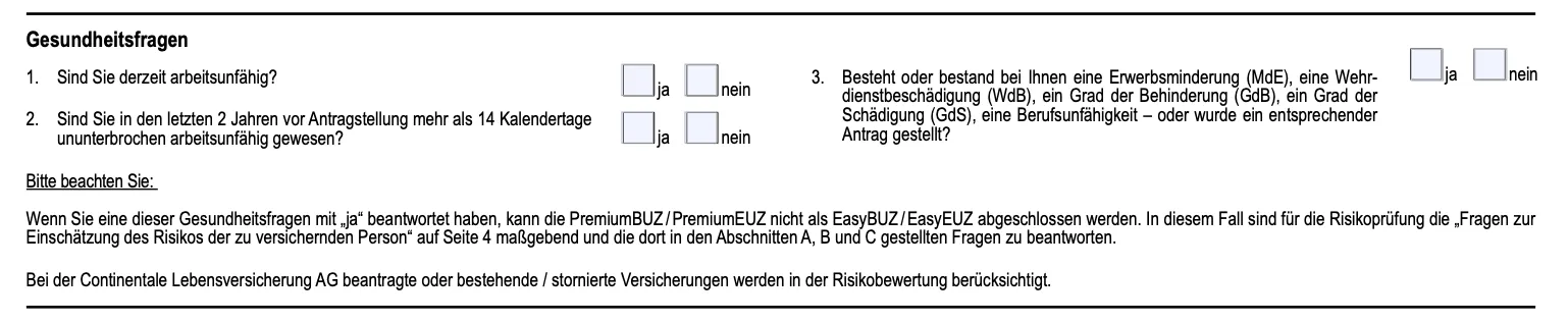 vereinfachte Gesundheitsfragen Beitragsbefreiung bei Berufsunfähigkeit Continentale