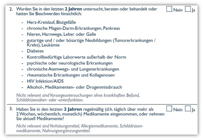 vereinfachte / verkürzte Gesundheitsfragen Europa Risikolebensversicherung (Kurzantrag)
