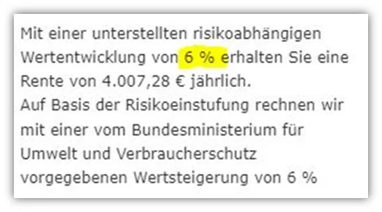 Vergleich eines alternativen Anbieters mit 6% Wertentwicklung im Online-Rechner, zeigt inkonsistente Parameter