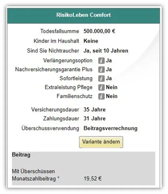 Vergleich Risikolebensversicherung LV1871 fallend