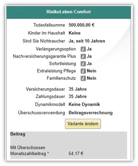 Vergleich Risikolebensversicherung LV1871 konstant