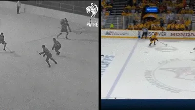 Vergleichende Darstellung von Eishockey-Spielzügen früher mit langsameren Bewegungen und moderner Eishockey-Dynamik.