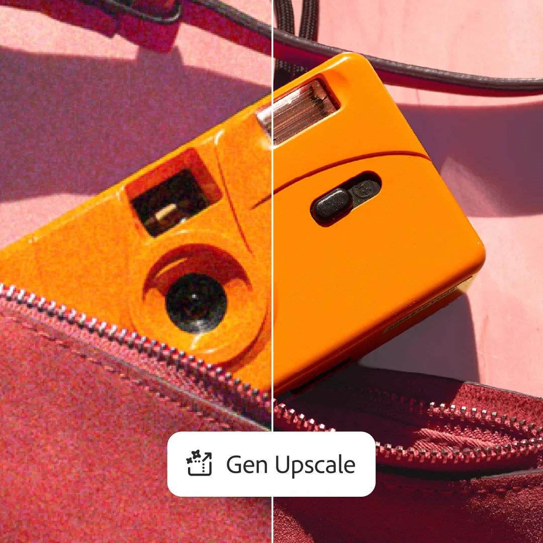 Vergleichsbild vor und nach Generative Upscale in Adobe Photoshop, das die verbesserte Auflösung und Detailtreue einer Stadtlandschaft hervorhebt.