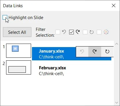 Verknüpfte think-cell Diagramme der aktuellen Präsentation und ihre Aktualisierungszustände
