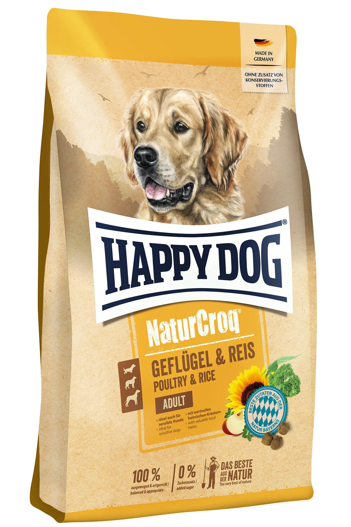 Verpackung von Happy Dog NaturCroq Hundefutter, ideal für die gesunde Ernährung von landwirtschaftlichen Hunden in Deutschland.