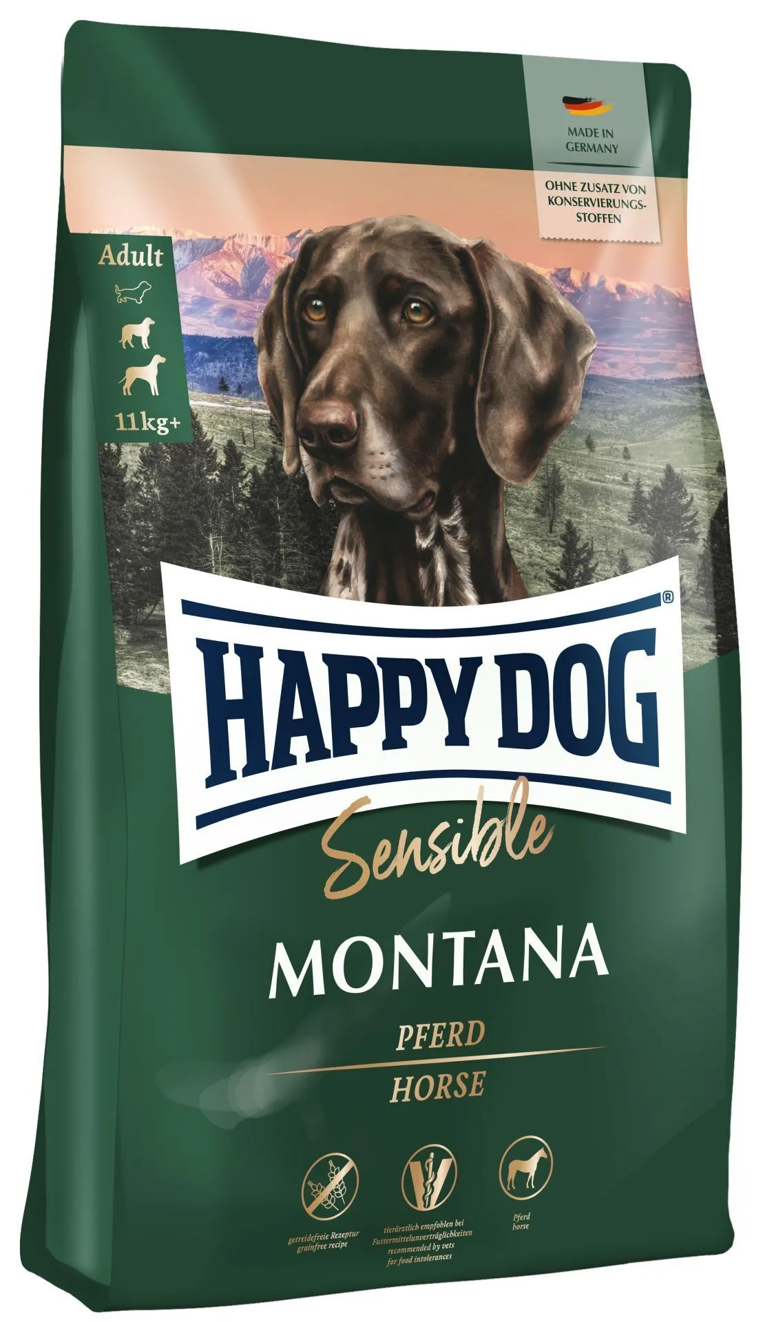 Verpackung von Happydog Hundefutter, Sorte Sensible Montana