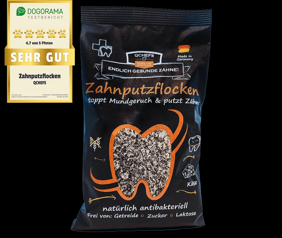 Verpackung von QCHEFS Zahnputzflocken für Hunde in schwarzer Tüte mit großem Zahnmotiv, das die natürliche antibakterielle Wirkung und die Zahnreinigung betont. Frei von Getreide, Zucker und Laktose.Testurteil von Dogorama mit 4,7 von 5 Pfoten und der Bewertung „Sehr gut“. Hergestellt in Deutschland. Perfekt für natürliche Zahnpflege und frischen Atem bei Hunden.