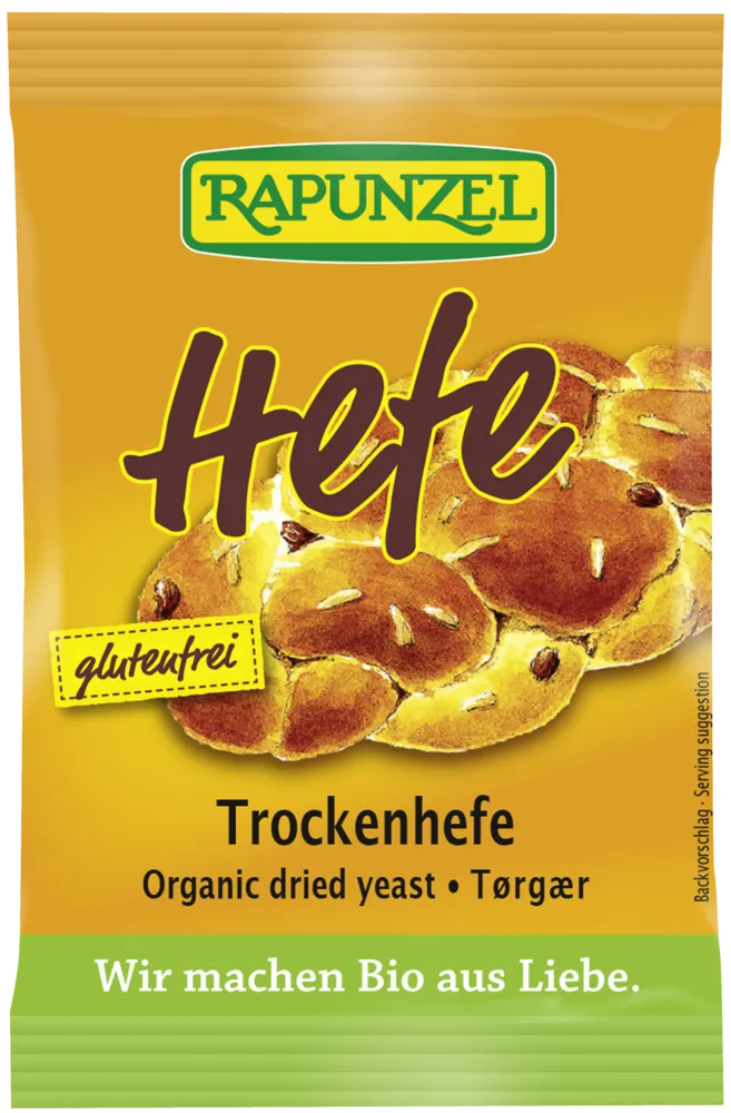 Verpackung von Rapunzel Bio-Trockenhefe, ideal zum Backen von Brot und Gebäck in der deutschen Küche.