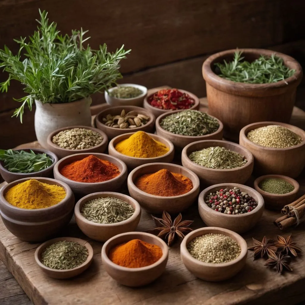 Verschiedene natürliche Kräuter und Gewürze auf einem Holztisch, die den Stoffwechsel anregen und bei der Bauchfettreduktion helfen können.