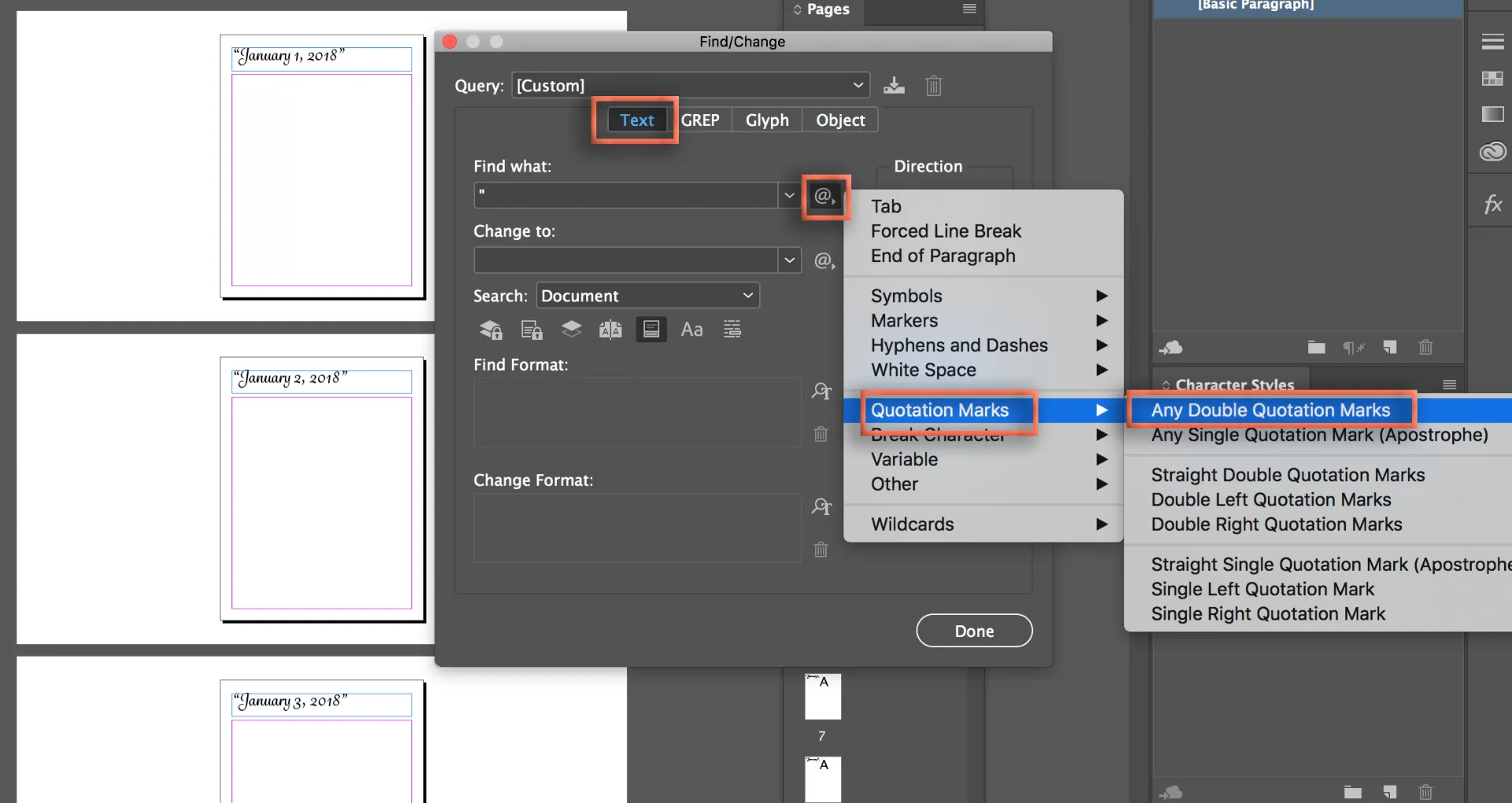 Verwendung der Funktion &quot;Suchen und Ändern&quot; in InDesign