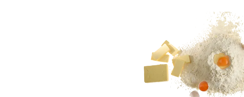 Vielfältige Backzutaten für Großverbraucher, darunter Mehl, Zucker, Fette und Spezialrohstoffe, appetitlich präsentiert