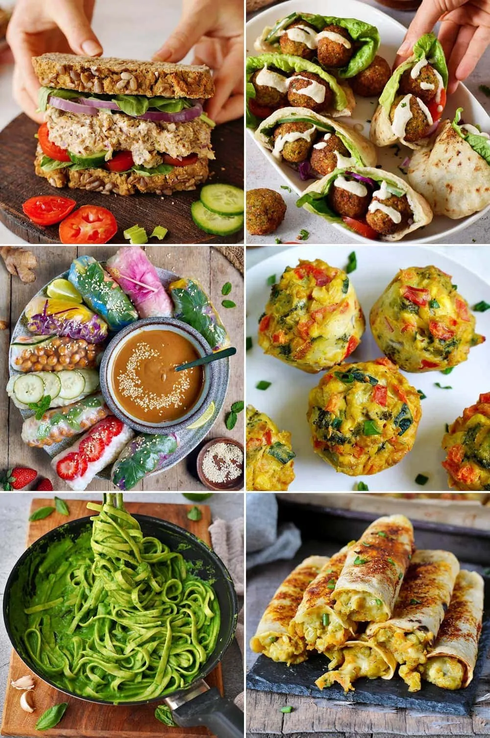 Vielfältige Collage mit verschiedenen gesunden veganen Mittagessen-Rezepten, darunter Salate, Suppen und Sandwiches.