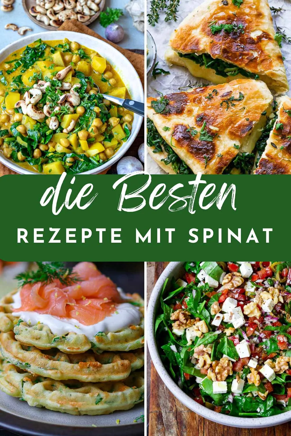 Vielfältige schnelle Spinat Rezepte, angerichtet auf einem Holztisch