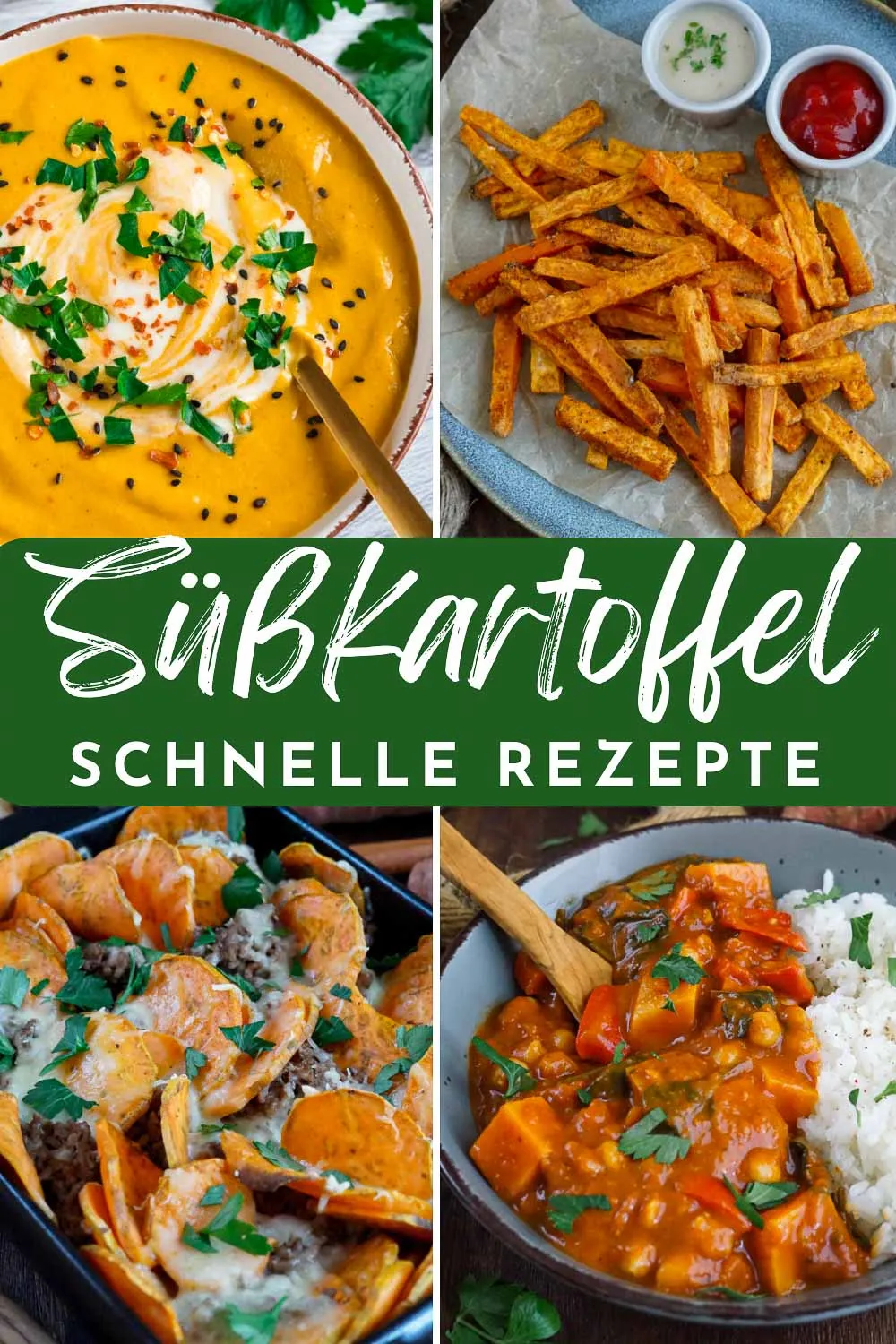 Vielfältige Süßkartoffel Gerichte auf einem Holzbrett angerichtet