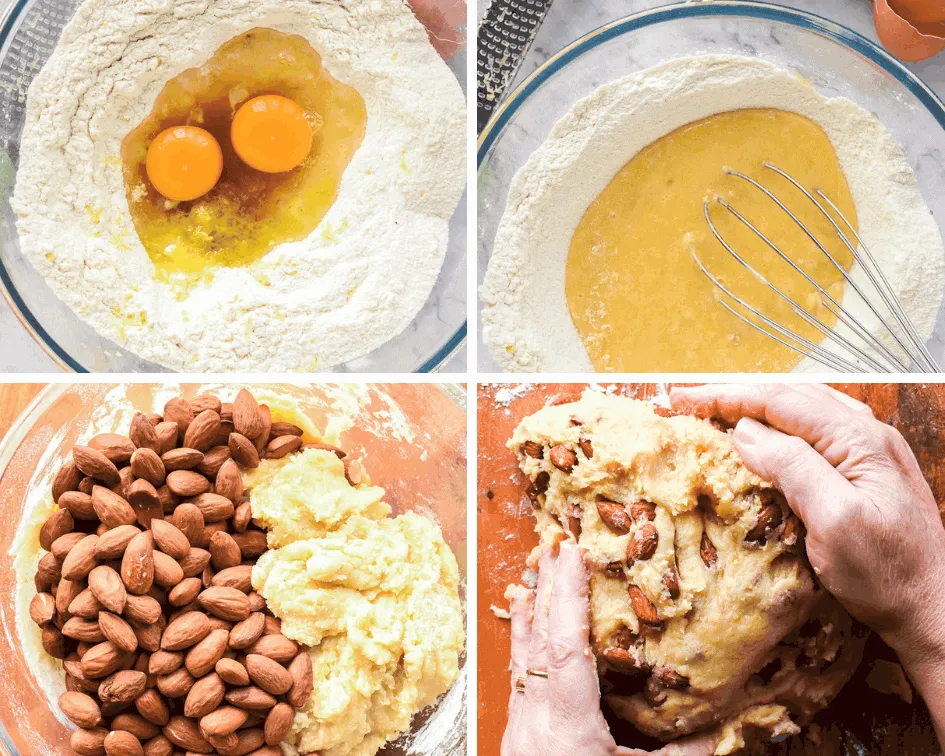 Vier Bilder der Zubereitung von italienischem Mandelgebäck
