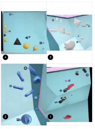 Vier verschiedene Kletterrouten mit unterschiedlich geformten und farbigen Griffen an einer blauen Kletterwand, nummeriert von 1 bis 4.