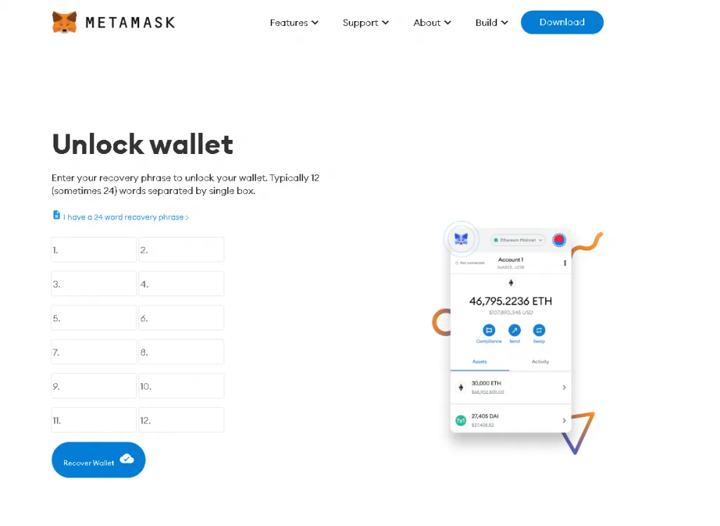 Visualisierung einer Phishing-Kampagne, die auf Krypto-Wallet-Nutzer abzielt und die Seed-Phrase zur Wiederherstellung des Zugriffs auf virtuelle Gelder abgreifen will.