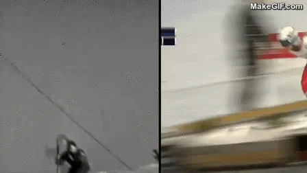 Visueller Vergleich des Skispringens: Der alte Parallel-Stil gegenüber dem modernen V-Stil, der weitaus größere Weiten ermöglicht.