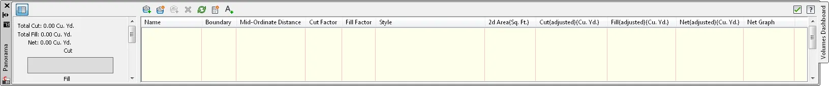 Volumes Dashboard in Civil 3D 2012 mit Übersicht der Volumenflächen